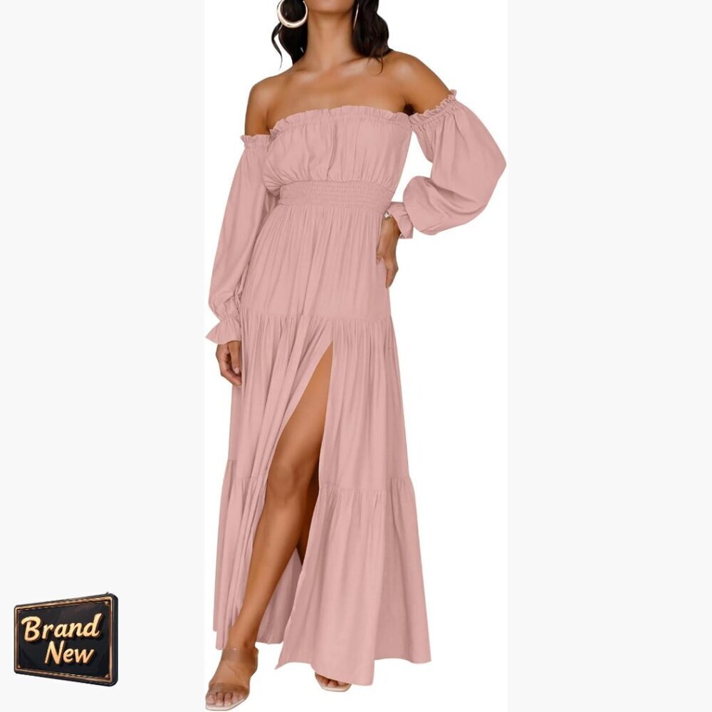 Boho Off Shoulder Maxi Dress with Side Split Flowy A-Line Wedding Guest